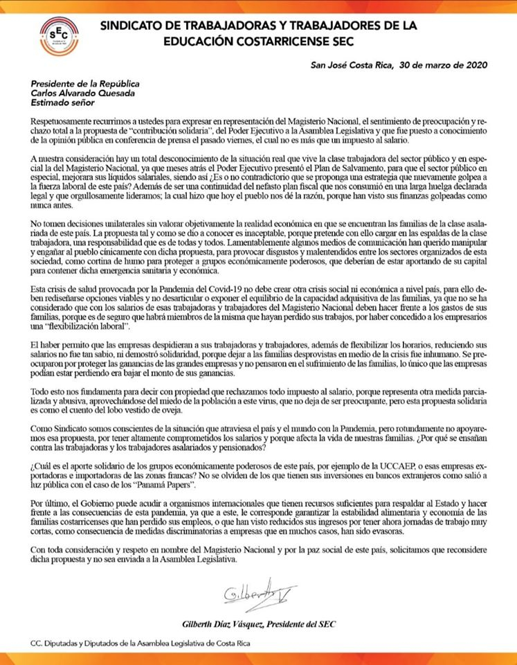 Costa Rica: SEC envía carta al Presidente de la República con posición respecto a propuesta de "contribución solidaria"