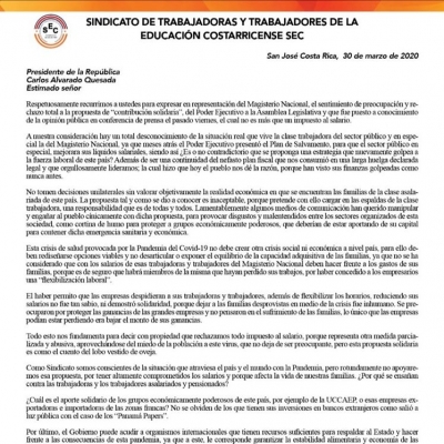 Carta del SEC al Presidente de Costa Rica